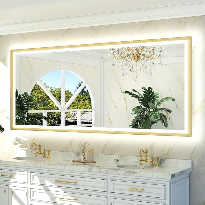 84x36 LED Bathroom Mirror with Lights Gold Frame Frontlit & Backlit Lighted Vanity Mirror Baroque Anti Fog Dimmable White/Warm/Natural,CRI90+,Waterproof,Wall Mounted(Horizontal/Vertical)