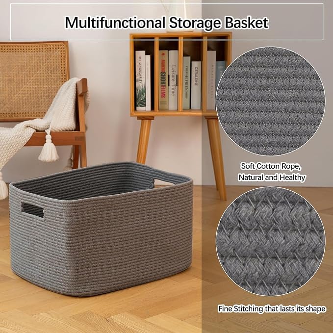OIAHOMY XXLarge Rectangle Blanket Basket-96L, Cotton Woven Basket for Storage, Dirty Clothes Basket for Living Room, Nursery, Bedroom, Toy Organizing with Handle, 24" x 16" x 15", Dark Grey