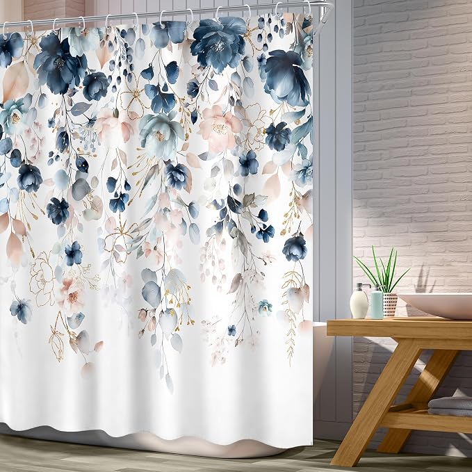 Blue Pink Floral Watercolor Wildflower Rustic Bathroom Shower Curtain Set | 60"W x 72"L Flower Blossom style, clear shower print, fast-dry fabric and hooks for a simple bath update.