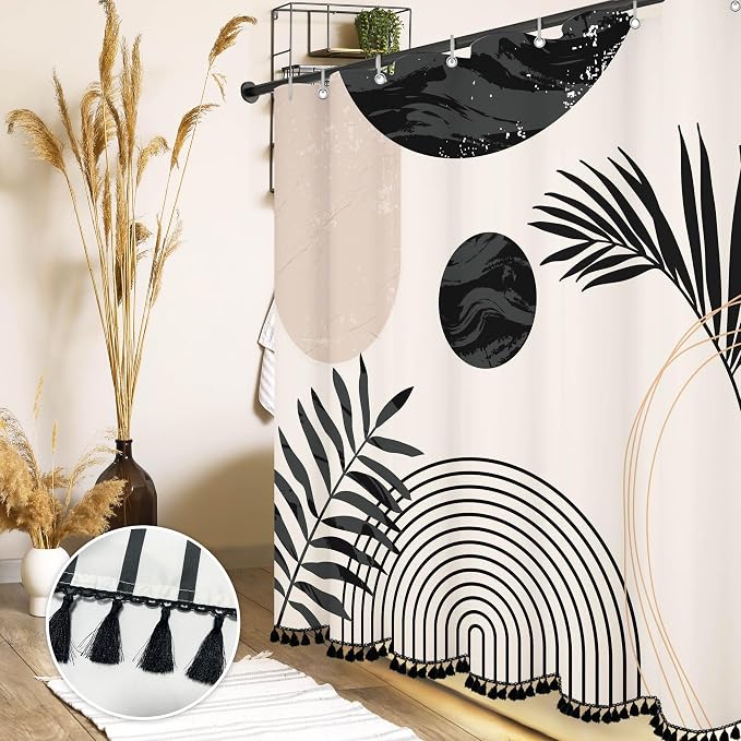 Boho Mid Century Leaf Shower Curtain Set,Arch Sun Design,Minimalistic Leaves Pattern,Waterproof and Luxurious Fabric-12 Hooks(Black and White-72" x 72")