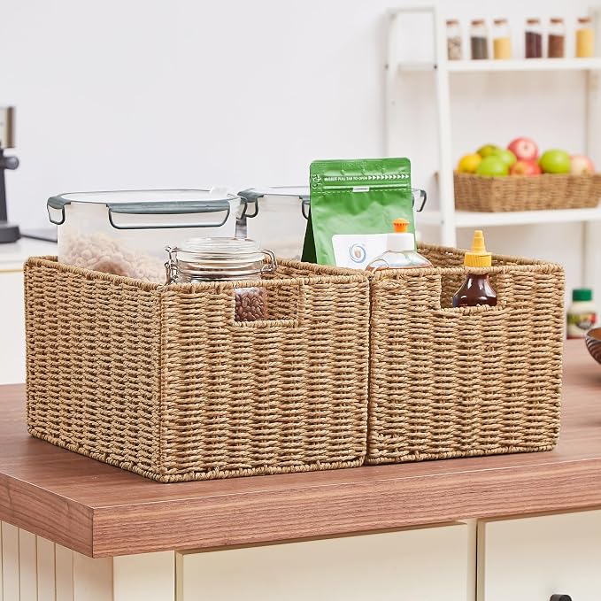 Wicker Storage Basket, Set of 2 Hand-Woven Paper Rope Wicker Basket, Small Storage Baskets for Organizing Toilet Paper Basket, Foldable Large Cube Storage Organizer Bins for Shelves (Natural)