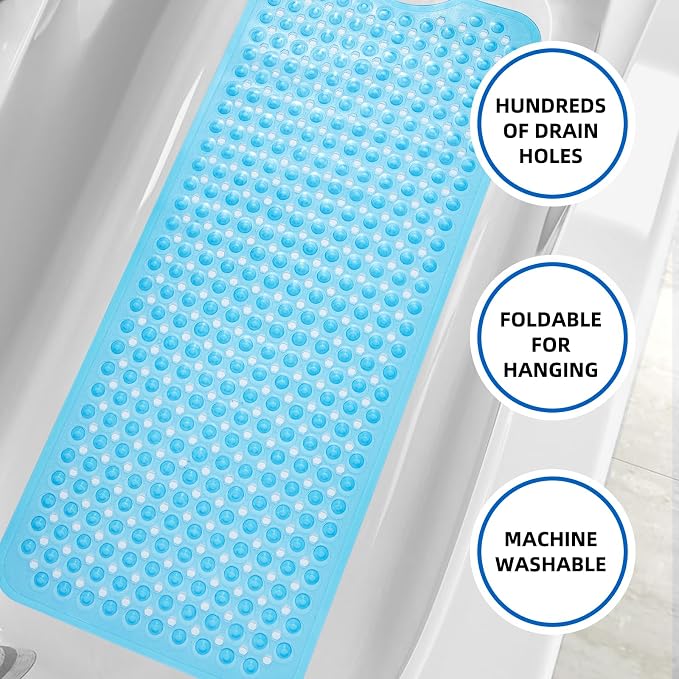 MOONFLY Shower and Bathtub Mat, 40x16 Inches, Clear Blue | Extra Long Non Slip Mats with Suction Cups,Drain Holes, Machine Washable ,Anti Slip Bathmats, Bathroom Mats for Tub Nonslip
