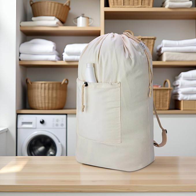 Laundry Bag Backpack, Canvas Laundry Bag with Straps & Drawstring, 2 pack | Heavy Duty Washable Dirty Cloth Hamper Bag with Large Front Pocket for College, Travel, Laundromat, Camping