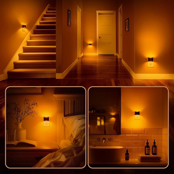 Night Light, Night Lights Plug into Wall, Adjustable, Amber | 3 Level Brightness Adjustable Night Light, Dusk to Dawn Sensor, Nightlights for Adults, Bedroom, Bathroom, Hallway, 4 packs