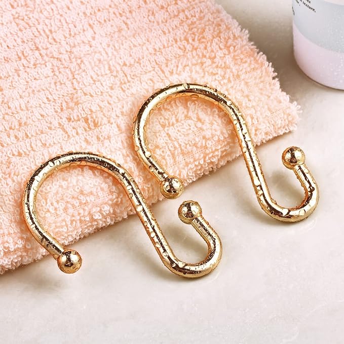 Gold Shower Curtain Rings Hooks, Set of 12 CHICTIE Decorative Shower Curtain Hooks, Premium Metal Rust Resistant S Shaped Hooks Hangers for Bathroom Curtains,Clothing, Towels, etc