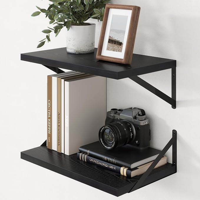 Deep Floating Shelves - 20 Inch Black Floating Shelves Set of 2-12 Inch Deep Wood Wall Shelves for Living Room Bathroom Kitchen