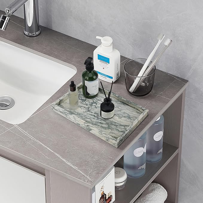 Real Natural Marble Tray for Bathroom, Vanity, Kitchen Counter & Desktop | Rectangle Genuine Stone Marble for Home Decor - Ideal for Jewelry, Cosmetics, Candles, Lotion & Perfume Display
