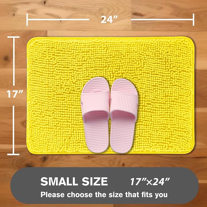 Yellow Bathroom Rug – Absorbent and Washable Bath Mat, Non-Slip, Thick Soft Chenille Bath Rugs for Bathroom Floor, Shower, Sink - 17" x 24"