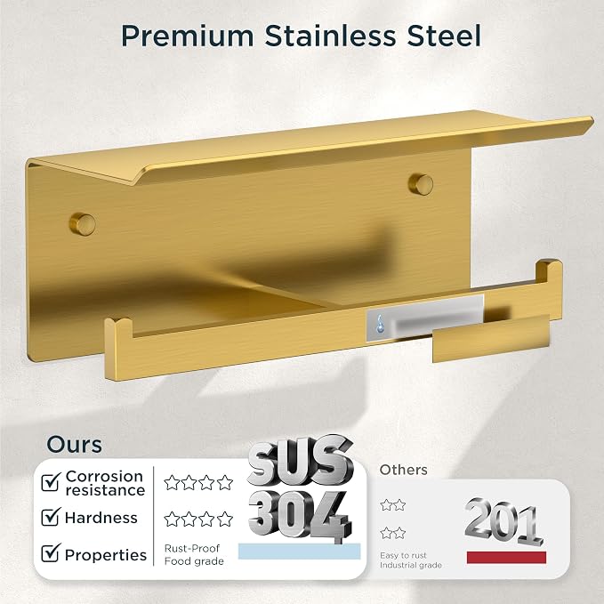 FORIOUS Toilet Paper Holder with Shelf, Commercial Toilet Paper Dispenser | Brushed Gold | SUS304 Stainless Steel Wall Mount Double Bathroom Tissue Roll Holder for Hotel, Apartments, etc
