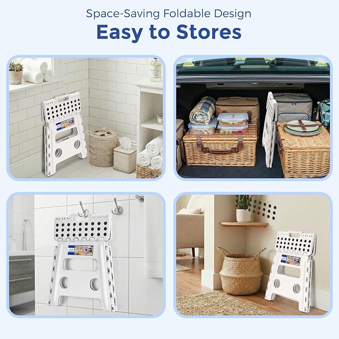 ACKO Folding Step Stool 13 Inch, Heavy Duty for Adults and Kids, White | Collapsible Foldable Stools, Non-Slip Surface Foot Stepping stool for Kitchen Bathroom Outdoor, Holds 300 lb, Built-in Handle