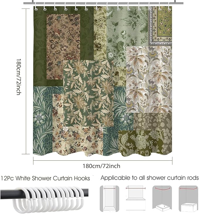 Mocsicka Vintage Boho Shower Curtain Green Retro Floral Shower Curtain for Boho Floral Bathroom Decor Waterproof Fabric Mid-Century Farmhouse Flowers Patchwork Bath Curtain, 72 X 72 Inch