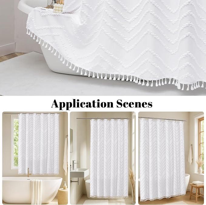 Extra Long White Boho Shower Curtain, Chic Tufted Chevron Striped Textured Cloth Fabric Shower Curtains with Tassel for Bathroom, Soft Hotel Style Farmhouse, Machine Washable, 72x96