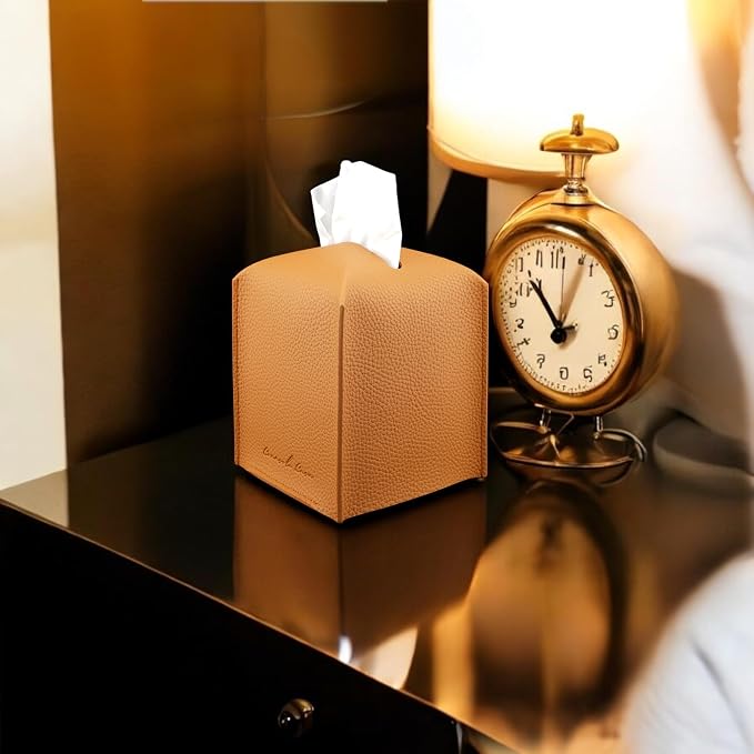 Premium PU Leather Tissue Box Holder - Elegant Hotel-Style Tissue Box Cover for Home, Office & Car Décor, Tissues Cube Organizer for a Natural & Classic Look (Orange 2 Pack)