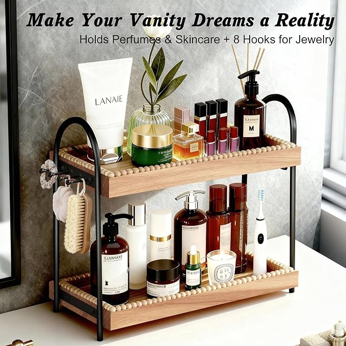 Bathroom Organizer Countertop Tall 2-Tier Waterproof 20+ Bottles 8 Hooks | Tall design for family bathroom/vanity, fits tall perfume/skincare, paulownia wood shelf, 8 hooks keep jewelry tidy, non-slip