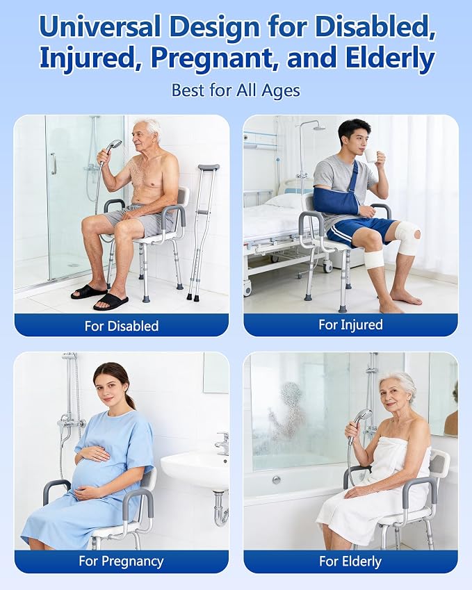 Shower Chair with Back and Arms, 330 lb Capacity | Height Adjustable, Padded Armrests, Non-Slip Seat, For Seniors, Elderly and Disabled Users