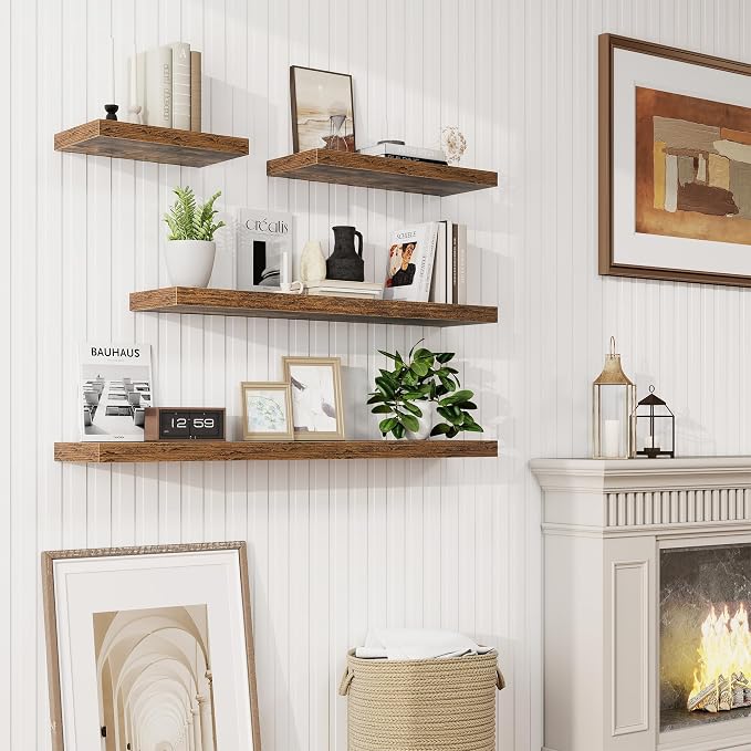 72in Floating Shelves for Wall,72"W x 9.25"D x 1.5"H, Rustic Brown | Long Wall Mounted Engineered Wood Shelves for Wall with Invisible Brackets for Living Room, Bedroom, Bathroom, Kitchen
