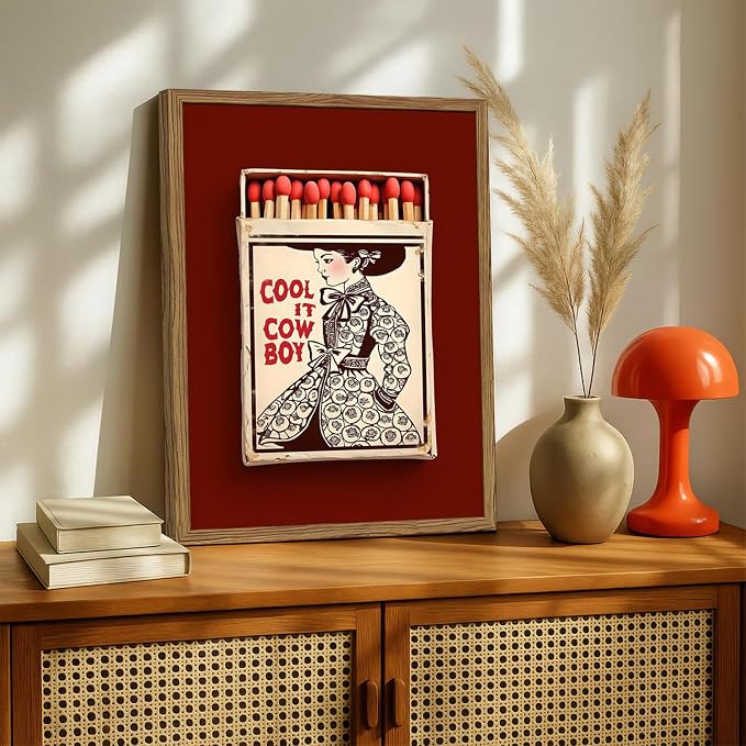 Vintage Western Cowgirl Wall Art Trendy Southwest Cool it Cowboy Matchbox Wall Decor Picture Coastal Cowgirl Poster Canvas Painting Print for Living Room Bedroom 12x16 inch Wood Framed