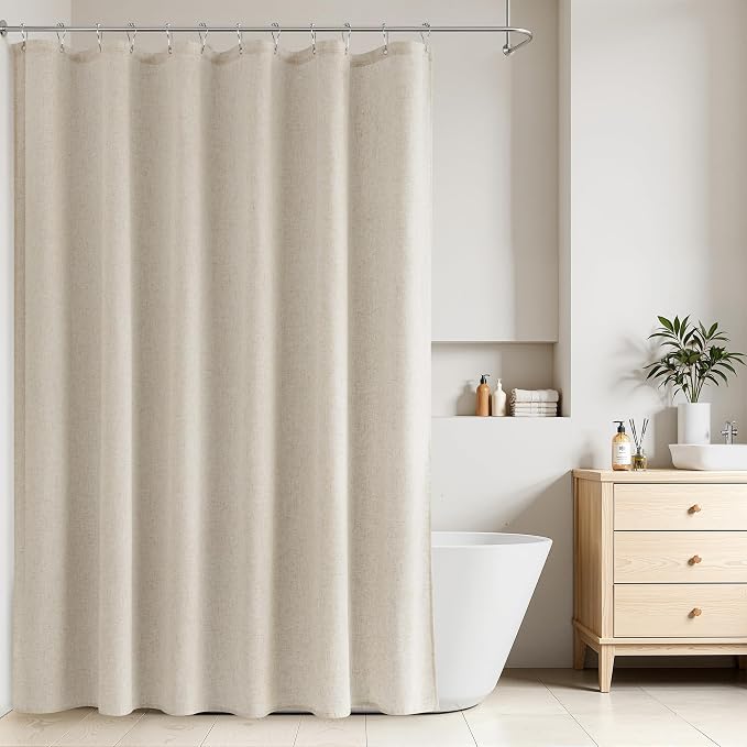 Linen Shower Curtain 78 Inch Long Shower Curtains Set with Hooks for Bathroom Boho Farmhouse Fabric Neutral Cloth Modern Cottage Core Waterproof,Vanilla