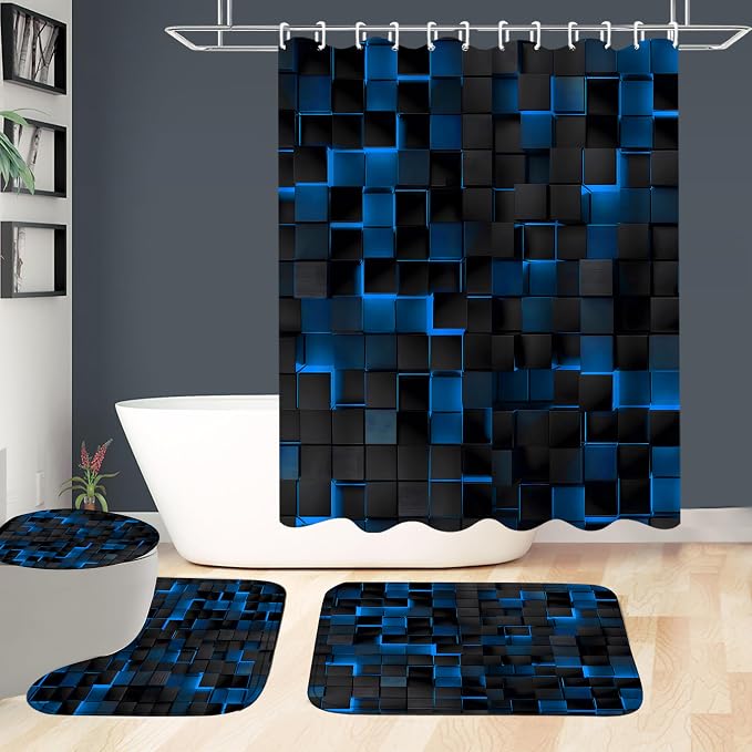 LQCOOL 4Pcs Shower Curtain Set with Rugs, Modern Bathroom Set Black Blue | Waterproof Polyester & Soft Flannel.12 Hooks,Toilet Lid Cover & U-Shaped Mat for Modern Bathrooms/Families