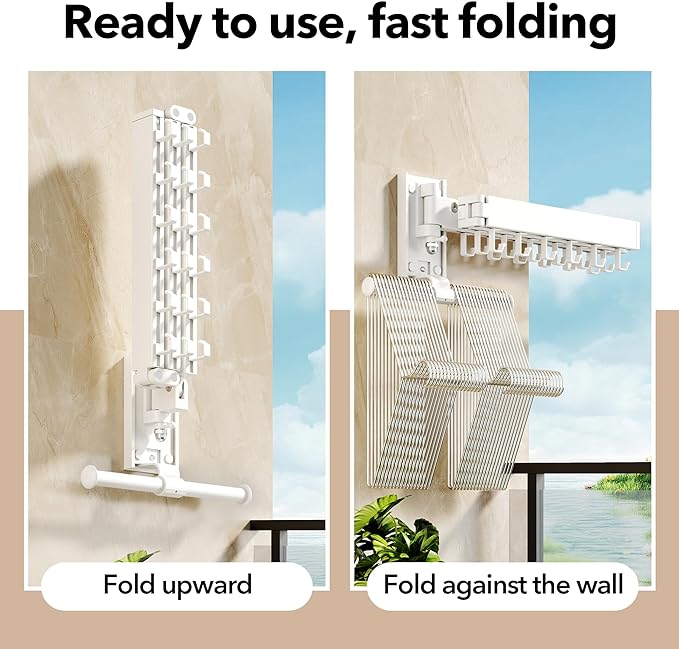 HEILAIYI Wall Mounted Clothes Hanger,Clothes Drying Rack,Laundry Drying Rack,Clothes Rack Wall Mount,Drying Rack Clothing,Retractable,Collapsible,can Fold Upward & Left & Right (Upgrade-White)