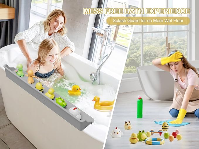 Cushore 3-Ft Bathtub Splash Guard PlayPad with Strong Suction Cups, Toy Tray Caddy Holder Storage, No-Leak, Mess-Free Bath Time for Kids, Grey