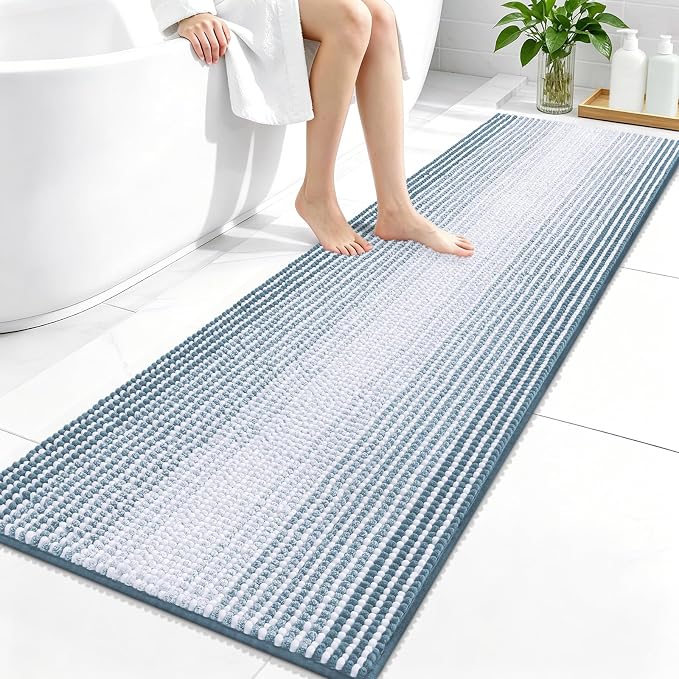 OLANLY Bathroom Runner Rugs 59x20, Chenille Striped Bath Rugs, Airy Blue | Extra Soft Absorbent, Rubber Backing, Machine Wash Dry, Bath Mats for Bathroom Floor, Tub and Shower, Home Decor Accessories