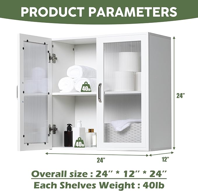 FIMELLO Wall Cabinet, Acrylic Glass Wall Mounted Storage Cabinets， Medicine Cabinet for Kitchen Garage Laundry, White