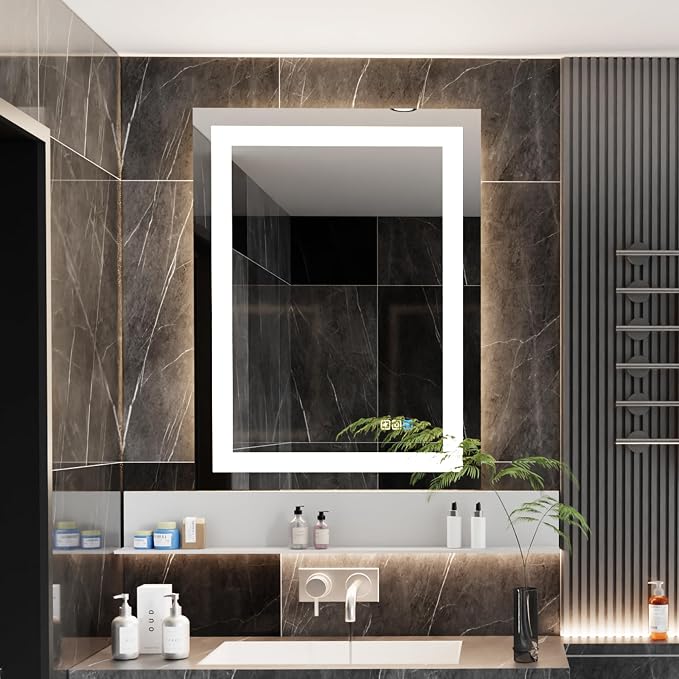 20x28inches Rectangle LED Mirror, Smart Bathroom Mirror with Lights, Anti-Fog, Tempered Glass, 3 Colors Dimmable, Front and Backlit, CRI 90+, Wall Mounted, Memory Function
