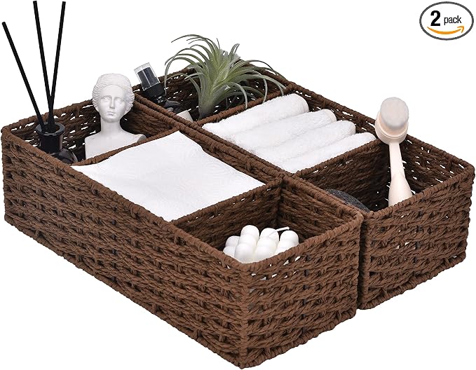 StorageWorks Toilet Paper Basket, Paper Rope Back of Toilet Basket, Walnut | Wicker Basket, Toilet Paper Storage for Back of Toilet Tank, Woven Baskets for Shelves, Wicker Baskets with 3 Compartments