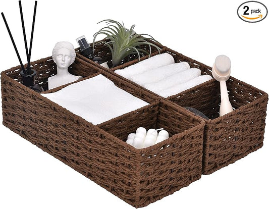 StorageWorks Toilet Paper Basket, Paper Rope Back of Toilet Basket, Walnut | Wicker Basket, Toilet Paper Storage for Back of Toilet Tank, Woven Baskets for Shelves, Wicker Baskets with 3 Compartments