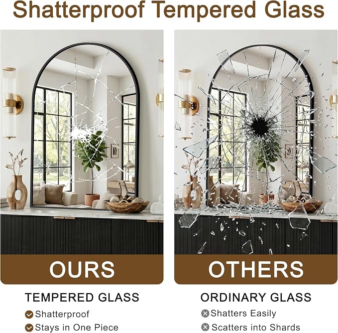 FGU Arched Bathroom Mirror for Over Sink 40"x28" Black Vanity Mirror | Wall Mounted, HD Tempered Shatter-Proof Glass, Rust-proof Arched Metal Frame, Arch Mirror for Bedroom, Living Room, Entryway