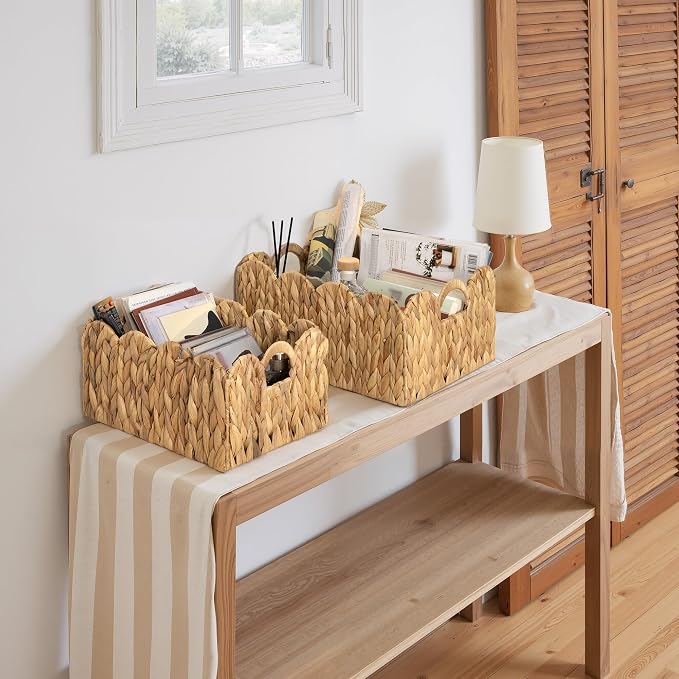 GRANNY SAYS Wicker Storage Basket for Shelves, Scalloped Baskets for Pantry | Scalloped Water Hyacinth Basket, Storage Wicker Basket for Pantry, Water Hyacinth Baskets with Scalloped Edge, Woven Baskets