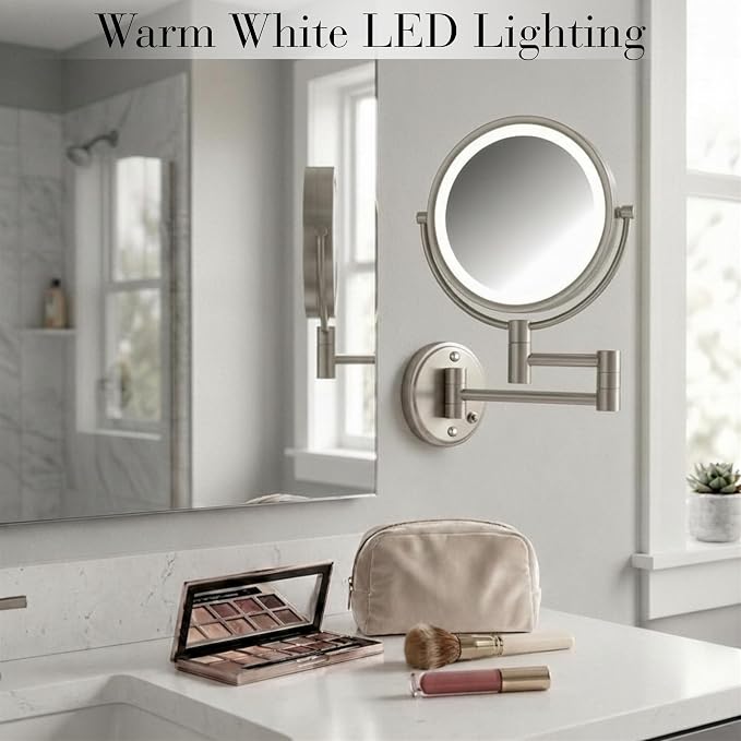 JERDON Hardwired Wall-Mount Makeup Mirror - 8X/1X - Nickel - HL88NLD | 8.5" Round Frame, 13.5" Wall Arm, LED Lighting, Direct Wire Installation