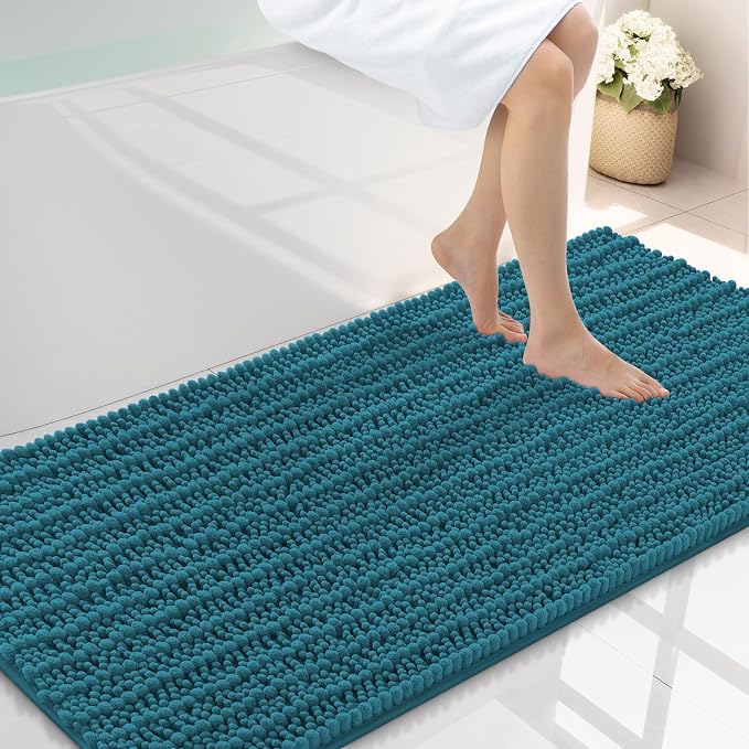 Smiry Bathroom Rugs 47X24, Extra Soft Rubber Backing Chenille Bath Mats | Lake Blue Machine Washable Non Slip Quick Dry Bath Mats for Bathroom Floor, Tub, Shower, Home Decor Accessories