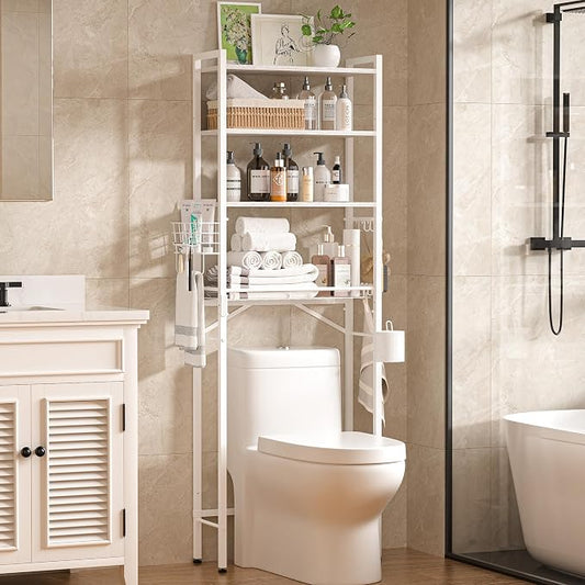 Over-The-Toilet Storage Rack, 4-Tier Bathroom Organizer Shelf Over Toilet with Adjustable Shelf and Basket, Freestanding Space Saver Bathroom Shelves Above Toilet for Room(White)