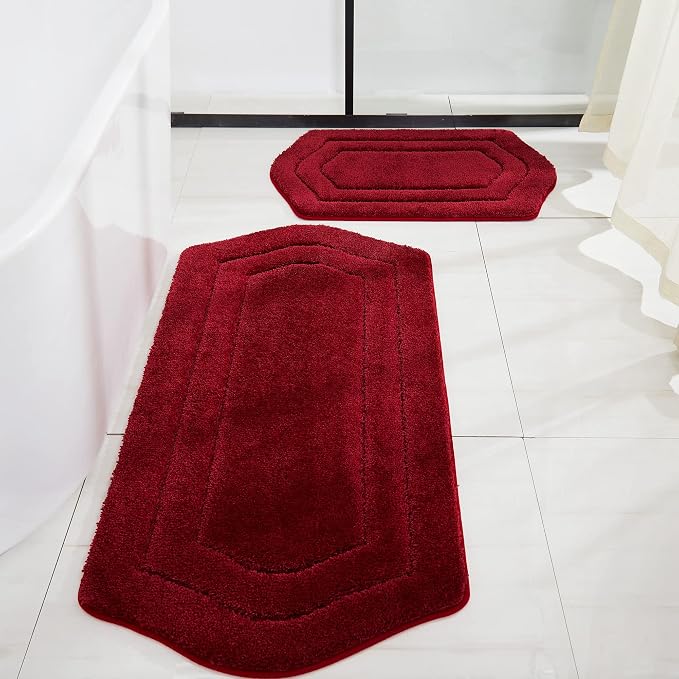 COSY HOMEER Non-Slip Bath Mats Extra Thick Absorbent Plush Washable | 20"x32"+24"x48" Red Non-Slip Extra Thick Plush Absorbent Machine Washable Bath Mats Bathroom Rugs Floor Tub Shower