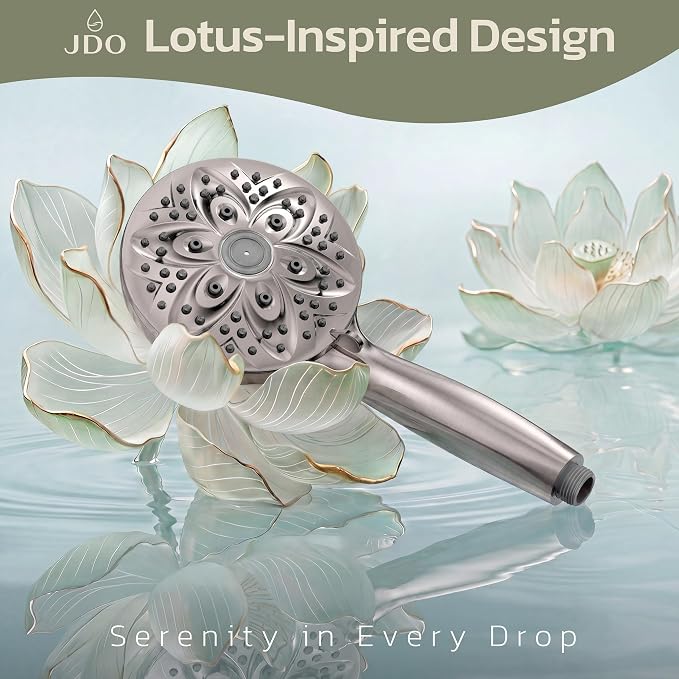 JDO Handheld Shower Head, 6 Spray Settings, Brushed Nickel Finish | High-pressure flow, detachable design, stainless steel hose & bracket, universal bathroom connection