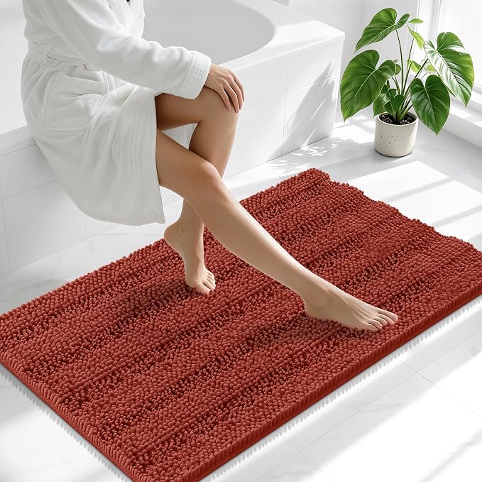 Smiry Chenille Bathroom Runner Rugs 44x24, Soft Bath Mat, Rustic Terracotta | Quick‑Dry & Machine Washable, Non‑Slip Bath Carpet, Thick Striped Bath Rugs for Tub & Shower, Modern Home Decor Accessories