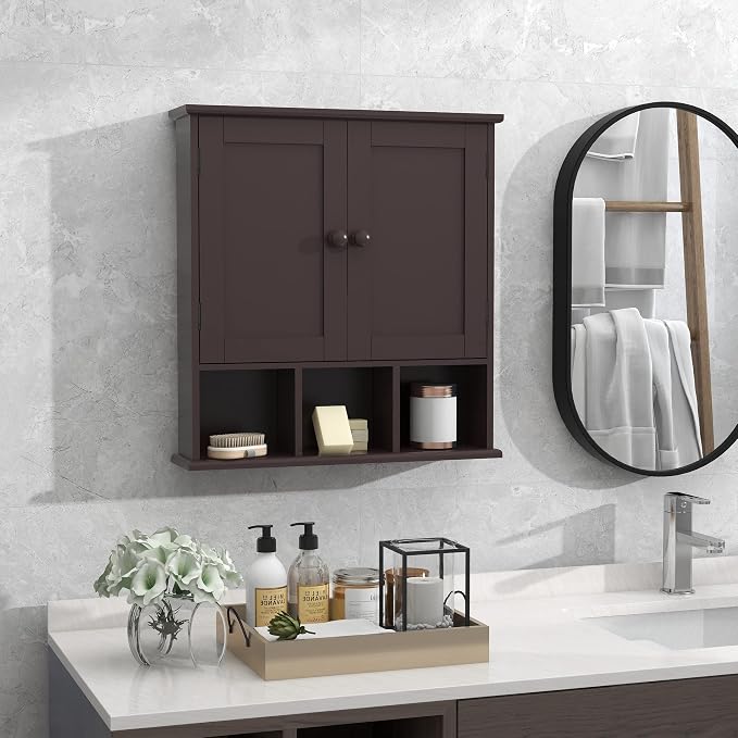 TaoHFE Brown Medicine Cabinets,Bathroom Wall Cabinet with 2 Door | Adjustable Shelves Over The Toilet Storage Cabinet,Espresso Bathroom Cabinet Wall Mounted for Laundry Room Kitchen