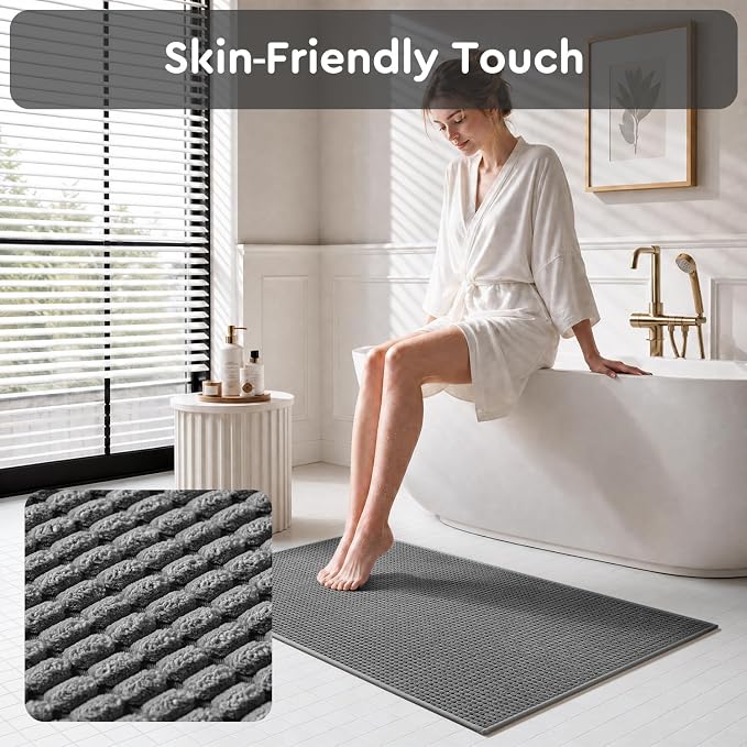 tchdio Bath Mat, Absorbent Bathroom Mat Quick Dry, Thin Bathroom Rugs Fit Under Door, Non Slip Washable Bath Rugs with Solid Rubber Backing, Low Profile Bath Mats for Bathroom, Grey, 16" x 24"