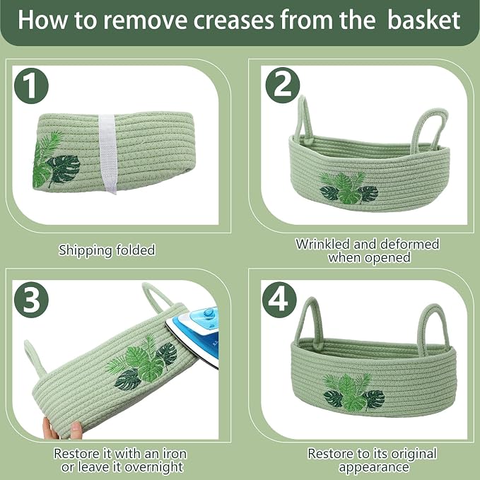 Vesici Palm Leaves Toilet Paper Basket Boho Woven Cotton Rope Bathroom Countertop Organizer with Handle Green Summer Tropical Monstera Bathroom Storage Decor for Bedroom Nursery, 13 x 6 x 4 Inch