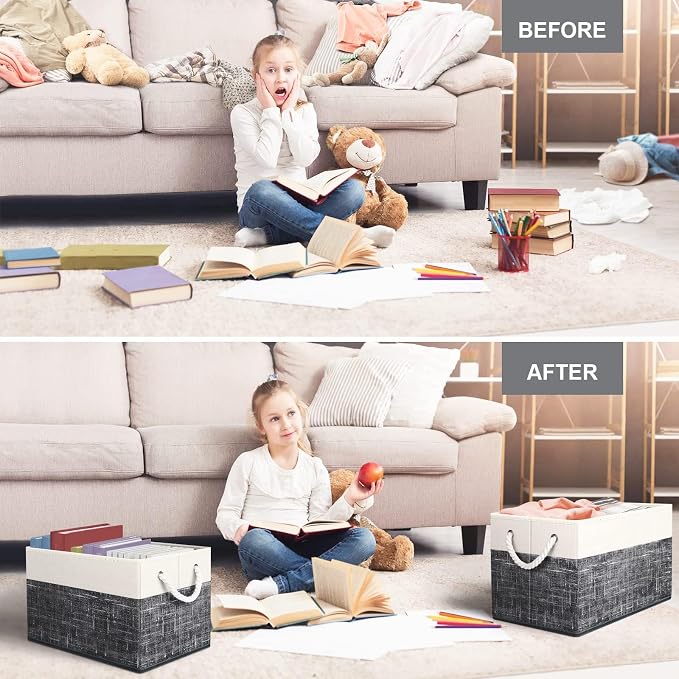 Storage Bins 3-Pack, Foldable Storage Baskets for Organizing Toys, Books, Shelves, Closet, Large Storage Box with Rope Handles, Sturdy Organizer Bins, White & Black | 3-Pack Storage Bins for Organizing Toys, Books, Shelves, Closet, Large Storage Box St...