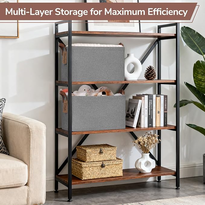CHICVITA 4 Pack Large Foldable Storage Baskets for Shelves, Gray | 16.8 × 11 × 9.8 in, Metal Frame, Leather Handles, Clothes, Toys & Towels Storage, Nursery & Living Room Organization