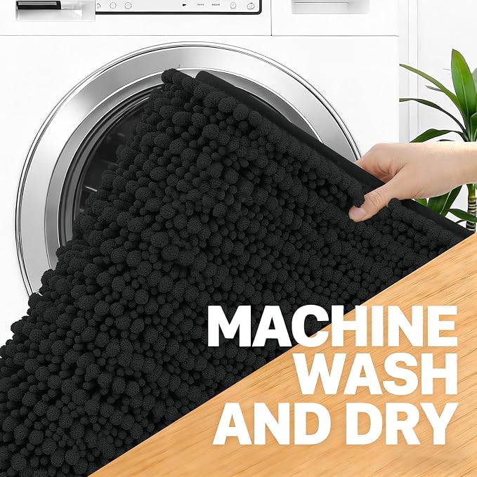 OLANLY Bathroom Runner Rugs 59x20, Thick Soft Absorbent Chenille Bath Rugs | Black, Quick-Drying Rubber Backing, Long Shaggy Bath Mat, Machine Washable for Floor, Tub and Shower, Home Decor Accessories