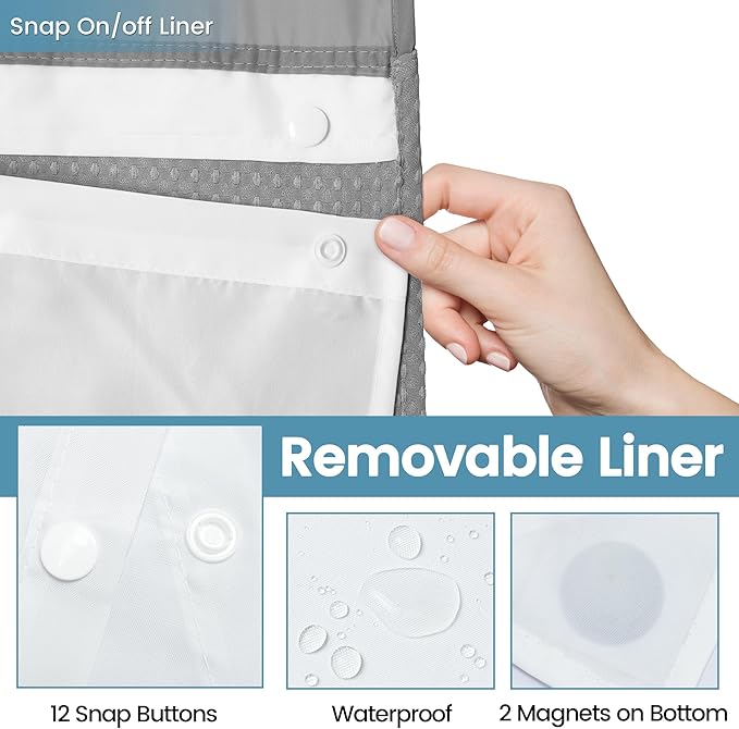 EUTXL Heavyweight No Hook Shower Curtain with Liner, Grey, 60x74 | Snap in Liner, Thick Waffle Fabric, Hotel Quality, Corner Magnets, Waterproof & Washable