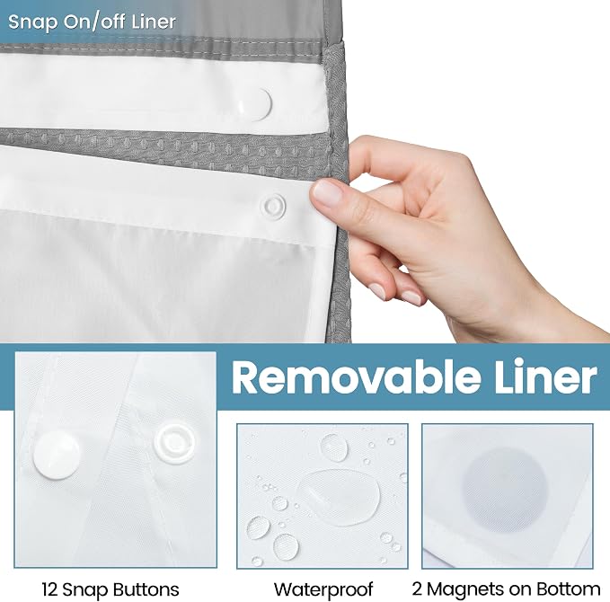 EUTXL Heavyweight No Hook Shower Curtain with Liner, Grey, 54x74 | Snap in Liner, Thick Waffle Fabric, Hotel Quality, Corner Magnets, Waterproof & Washable