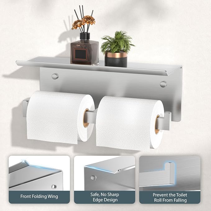 FORIOUS Toilet Paper Holder with Shelf, Commercial Toilet Paper Dispenser | Brushed Nickel 2 Pack | SUS304 Stainless Steel Wall Mount Double Bathroom Tissue Roll Holder for Hotel, Apartments, etc