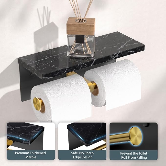 FORIOUS Toilet Paper Holder with Shelf, Commercial Toilet Paper Dispensers | Brushed Gold | Wall Mount Bathroom Tissue Holder | SUS304 Stainless Steel Rustproof | Double Tissue Roll Holder