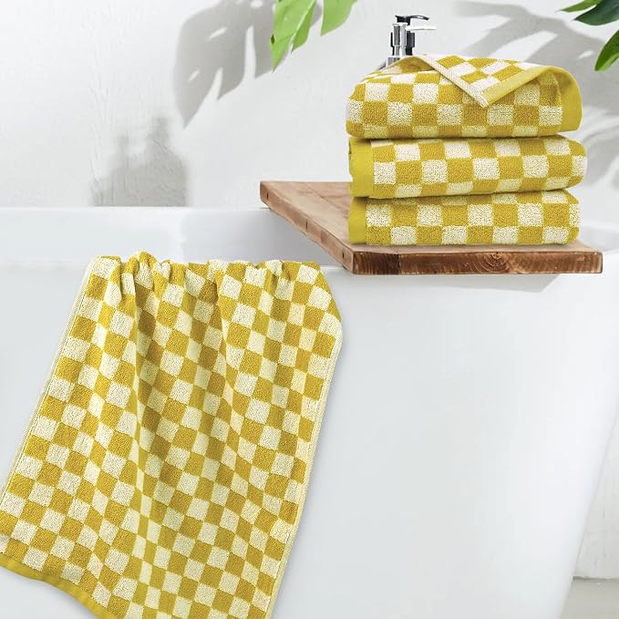 Jacquotha 4 Pcs Hand Towels for Bathroom Checkered, Yellow | Cotton Soft Absorbent Cute Checkered Bathroom Towel, Fall Decor, 13 x 29 Inches