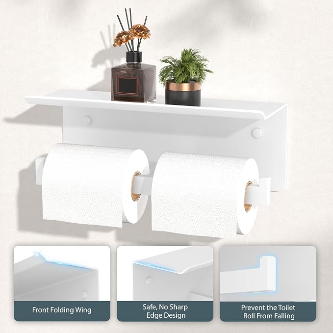 FORIOUS Toilet Paper Holder with Shelf, Commercial Toilet Paper Dispenser | White| SUS304 Stainless Steel Wall Mount Double Bathroom Tissue Roll Holder for Hotel, Apartments, etc